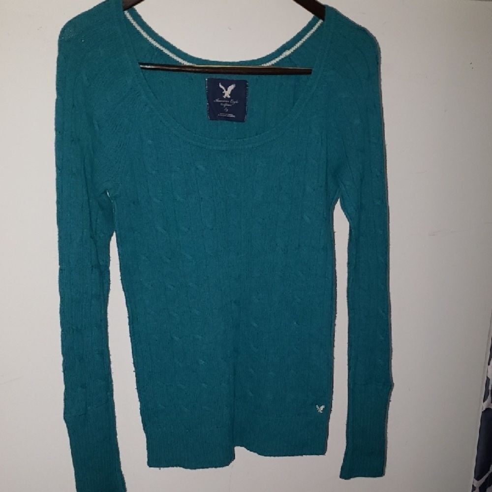 Y2K American Eagle Outfitters Sweater Womens L Cable Knit Teal Long Scoop Neck